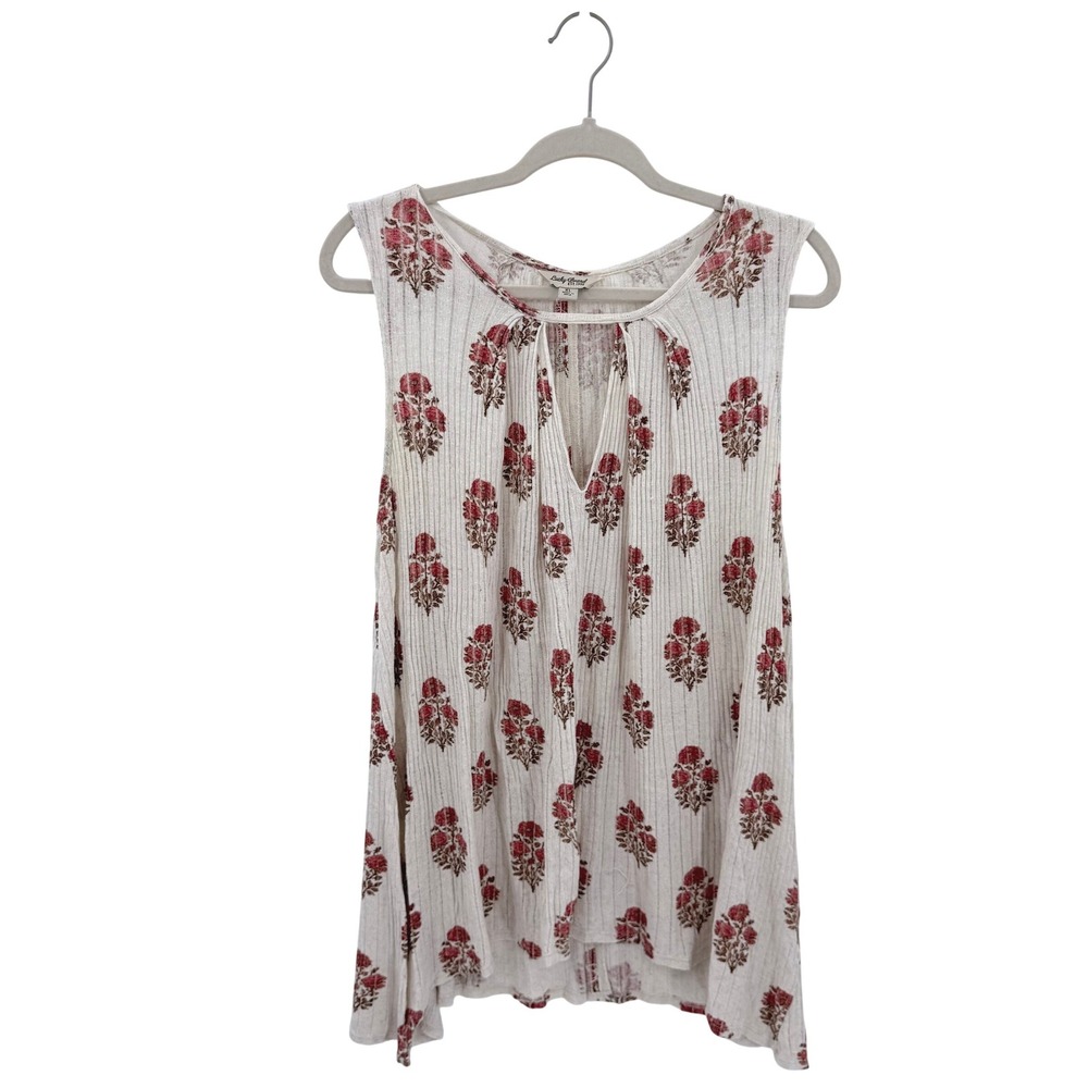 Lucky‎ Brand Womens XL Floral Ribbed Knit Tank Top Cream Red Linen Blend Keyhole
